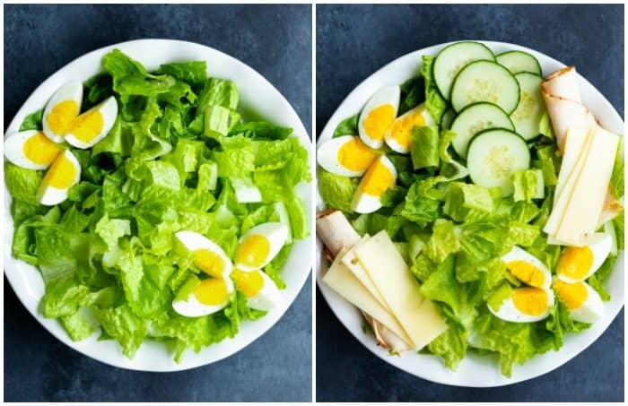 Collage of a Chef Salad Being Assembled, part 1.