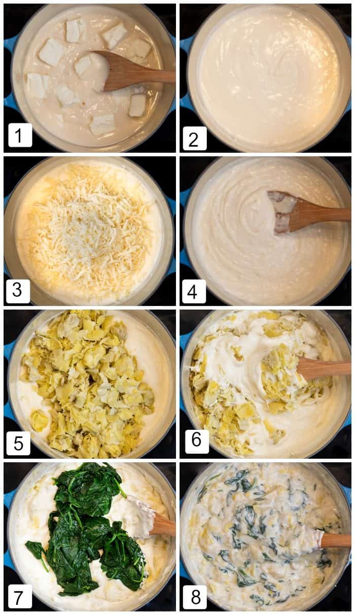 This ultra-creamy Spinach and Artichoke Dip tastes just like the Applebee's version! It's easy to make at home in under 30 minutes, just combine the ingredients until melted! This is perfect with tortilla chips, pita chips, crusty Artisan breads, and vegetables! | The Cozy Cook | #appetizer #dip #applebees #copycat #spinach #artichoke Step by step images on how to make spinach and artichoke dip