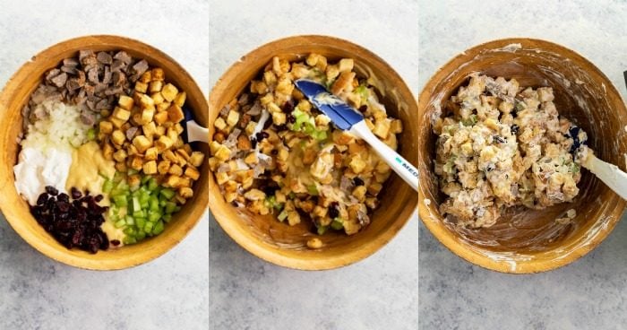 These easy-to-make Pork Chops are perfectly seasoned and stuffed with delicious sausage cranberry stuffing. They are then baked to perfection in just 20 minutes and pair perfectly with roasted potatoes and green beans. | The Cozy Cook | #PorkChops #Dinner 3 overhead images of mixing stuffing in a large bowl before cooking it