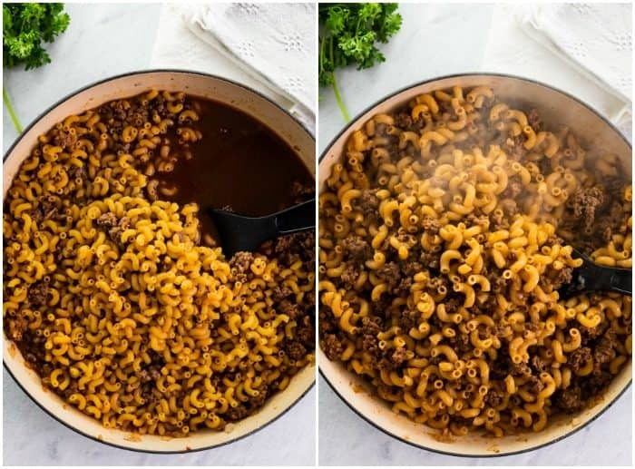 This Cheeseburger Casserole is made in one pot and takes just 30 minutes! It's a cheesy, meaty, and easy macaroni dinner. A homemade version of Hamburger Helper! #comfortfood #pasta #familydinneridea #dinnersforkids Macaroni being cooked in a dutch oven for cheeseburger casserole.