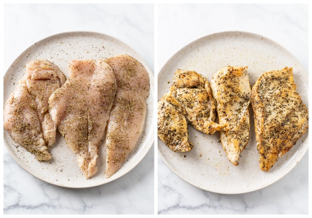 Slices of Chicken breast before and after being seared and cooked.