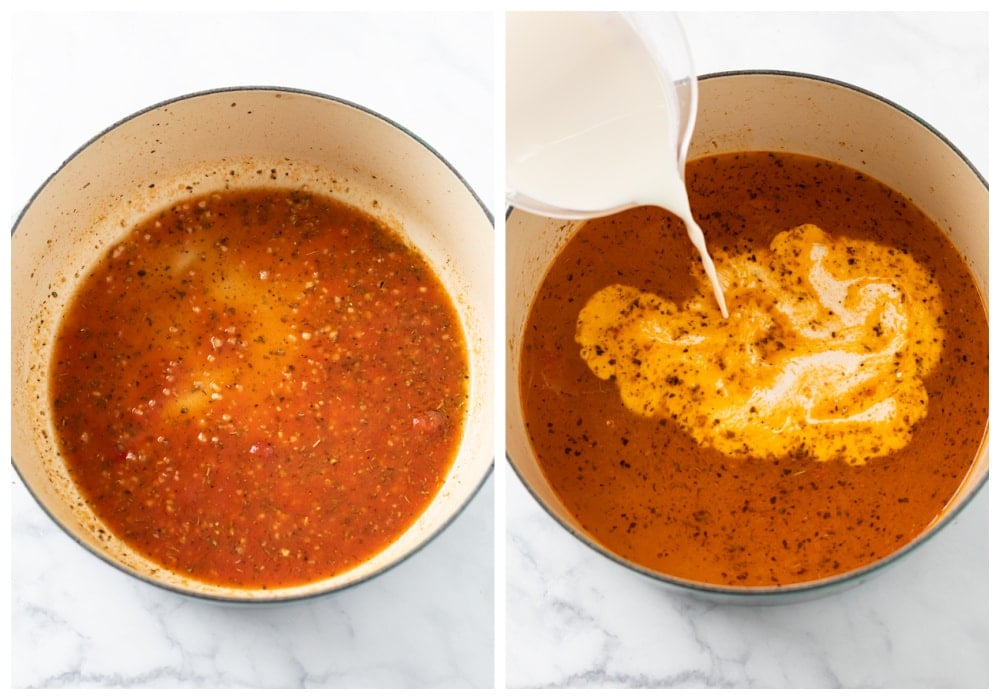 A pot with a tomato sauce, cream, chicken broth, and seasonings for making Tuscan Chicken Pasta.