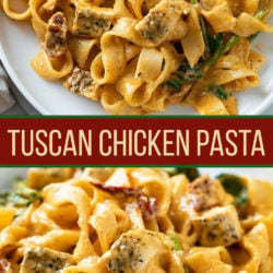 A collage of Tuscan Chicken Pasta in a creamy sauce.