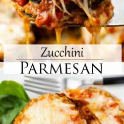 A collage of Zucchini Parmesan on a plate and being scooped up with a spatula.
