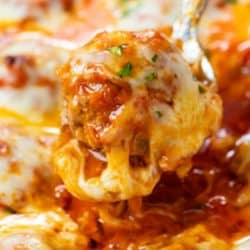 A labeled picture of a spoon scooping up baked meatballs.