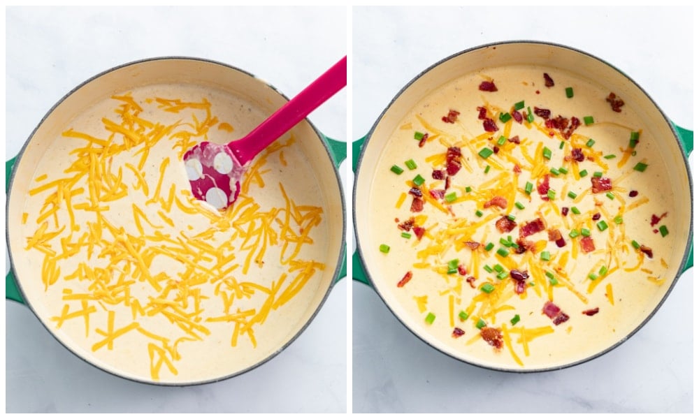 Adding cheese, bacon, and green onions to beer cheese soup.