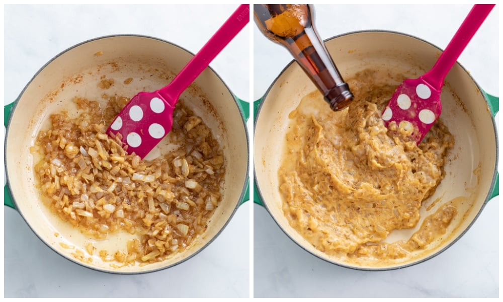 Caramelized onions and a roux in a soup pot.
