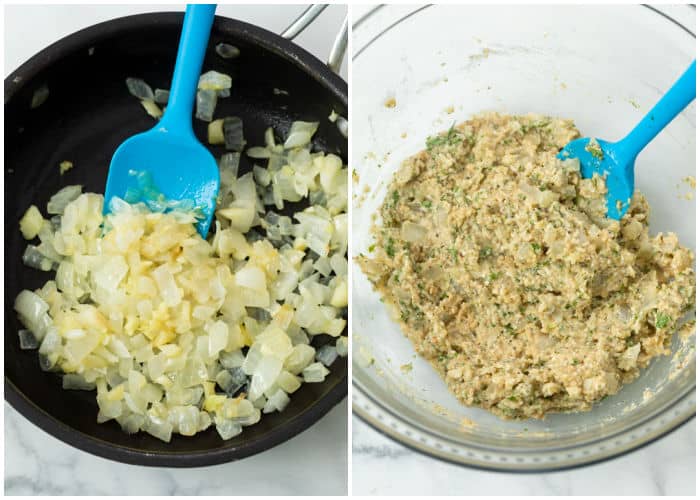 Sauteed onions in a skillet next to a glass bowl with a panade for making Turkey Meatballs