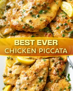 A collage of Chicken Piccata in a baking dish with sauce, capers, and lemon slices.