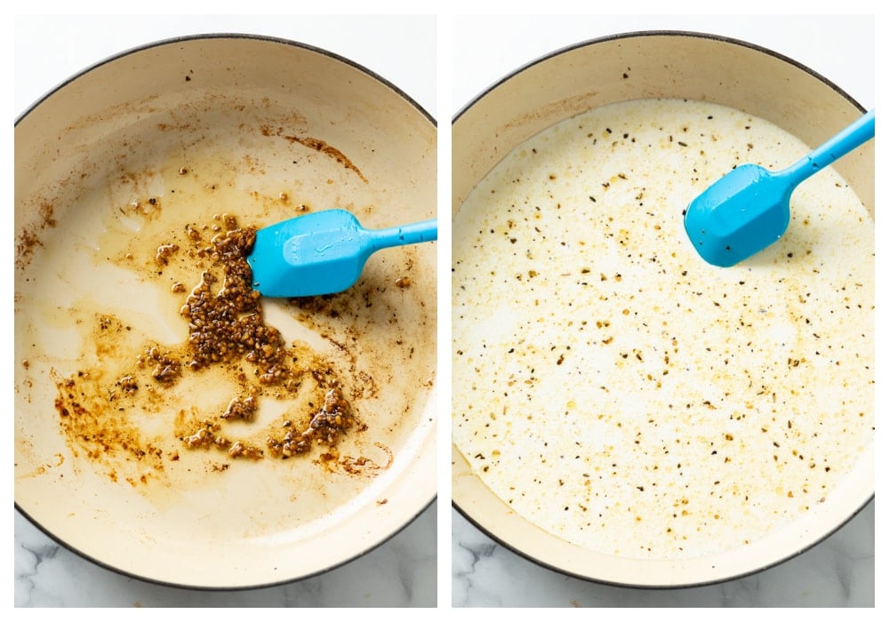 A skillet with sauteed garlic next to a skillet of ranch sauce for Chicken Bacon Ranch Pasta.