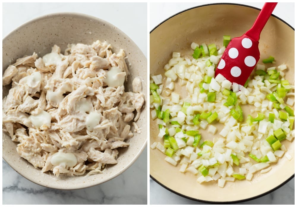 A bowl of shredded chicken in blue cheese next to a pant with sautéed onions and garlic.