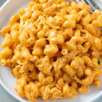Buffalo Chicken Mac and Cheese on a white plate with a shiny buffalo sauce.