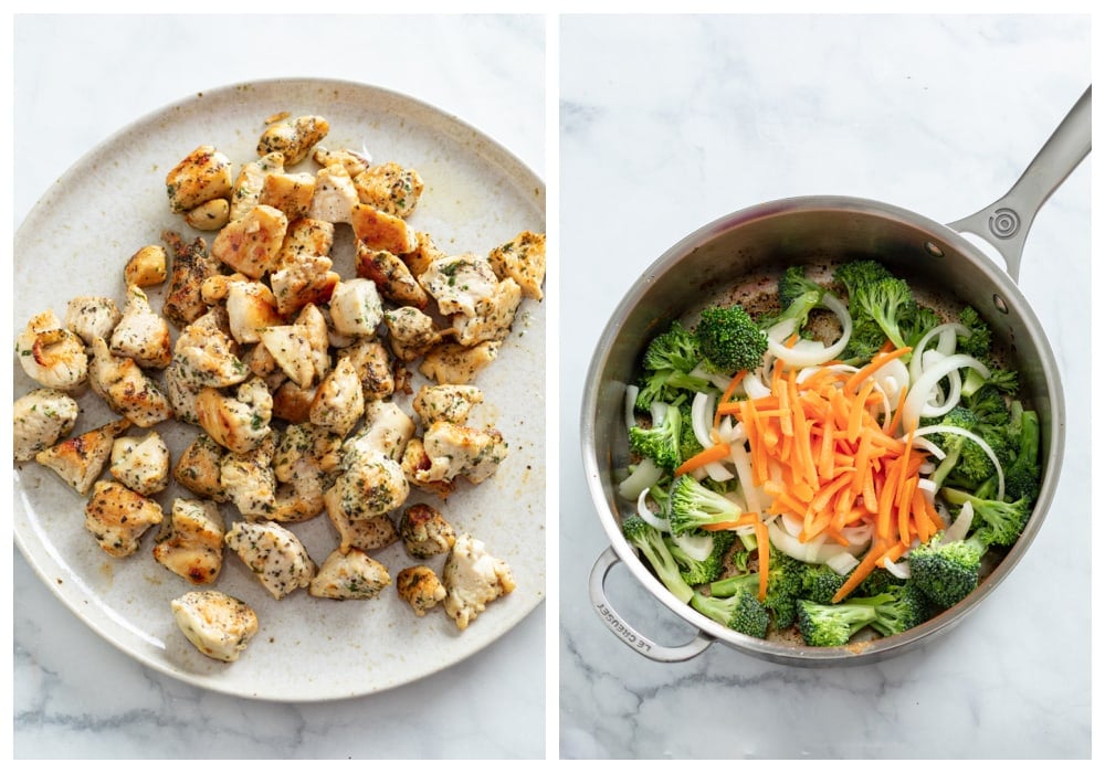 A plate of seared chicken next to a skillet with broccoli, onions, and carrots.