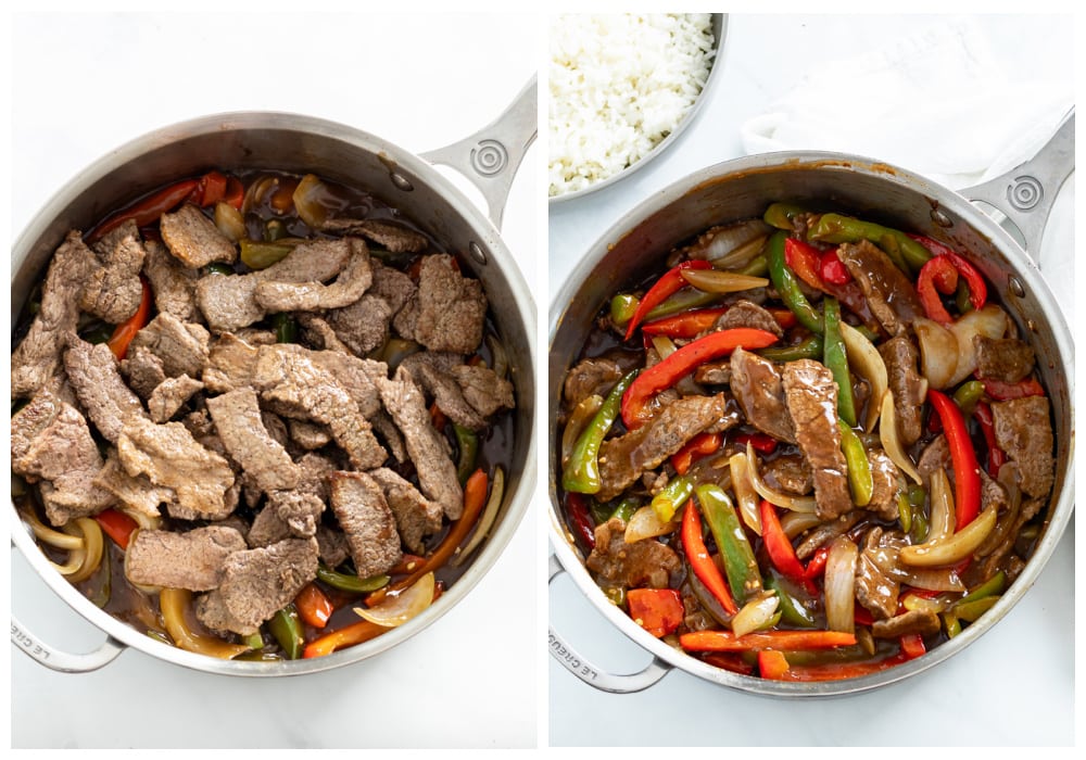 Adding cooked steak to a skillet with peppers, onions, and sauce and stirring to make Pepper Steak.