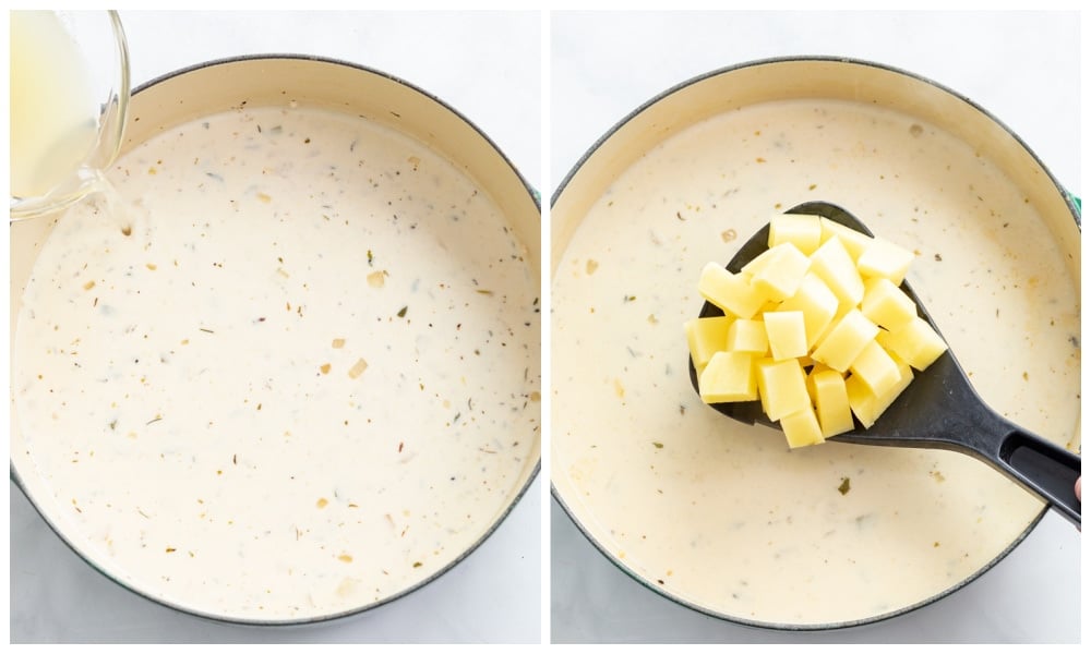 Adding potatoes to a soup pot filled with clam chowder.