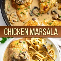 A collage of chicken marsala on a plate and in a skillet with sauce and mushrooms.