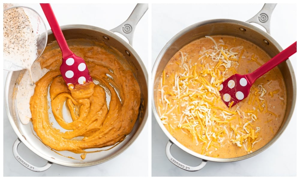 Making a Cajun Sauce with broth, cream, seasonings, and cheese.