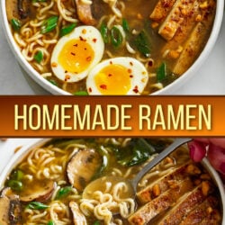 A collage of Homemade Ramen in a bowl with chicken and soft boiled eggs.
