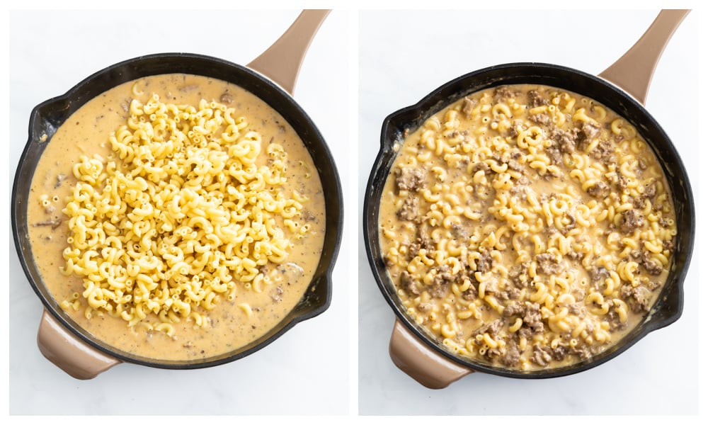 Adding macaroni to a meat sauce to make Hamburger helper.