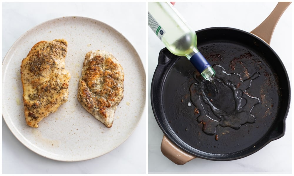 Cooked chicken on a plate next to a skillet with white wine being added.