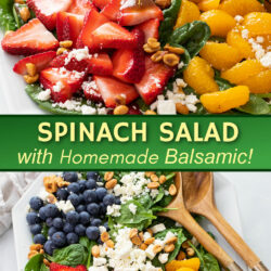 A collage of Spinach Salad with a spoon drizzling balsamic dressing on top.