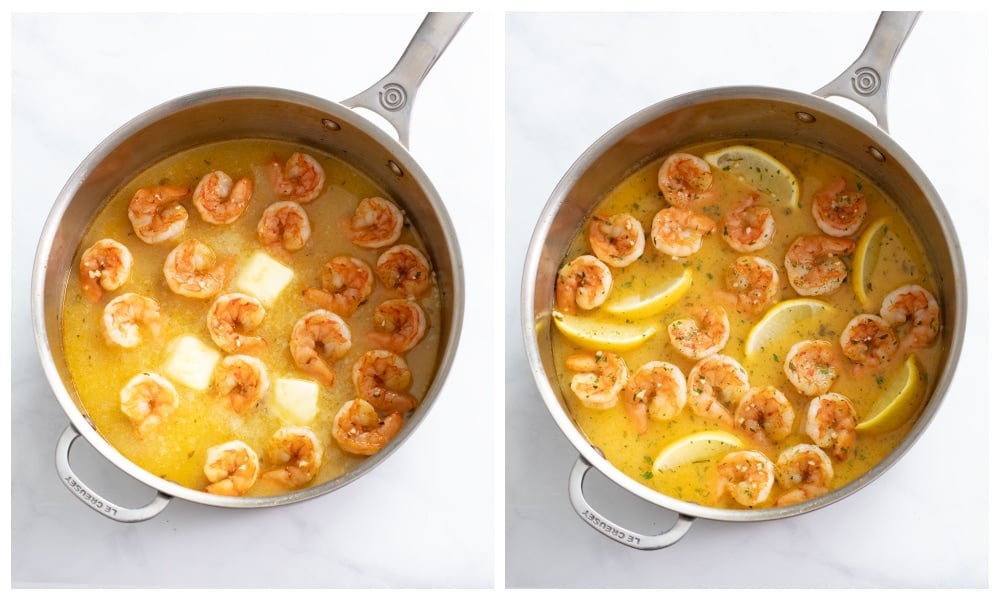Adding butter and lemon wedges to a skillet of Garlic Butter Shrimp.