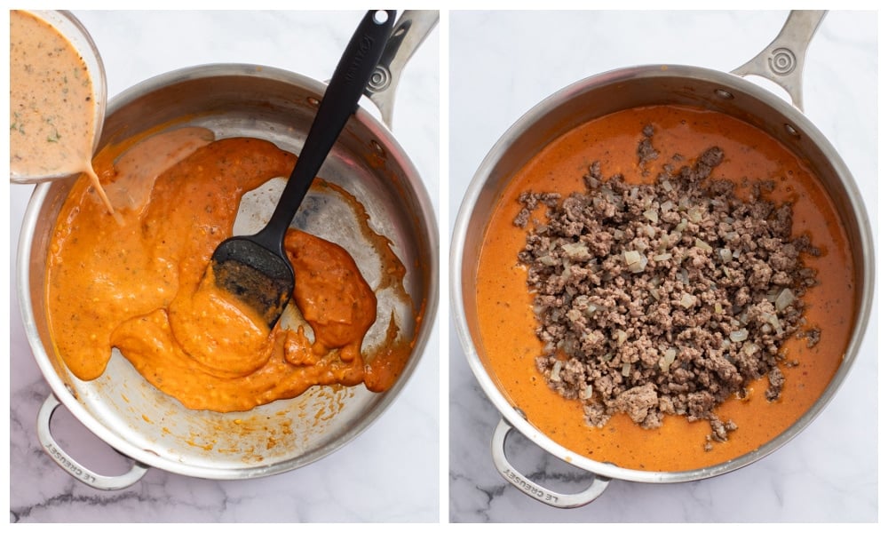 Adding sauce and ground beef to a skillet to make beefaroni.