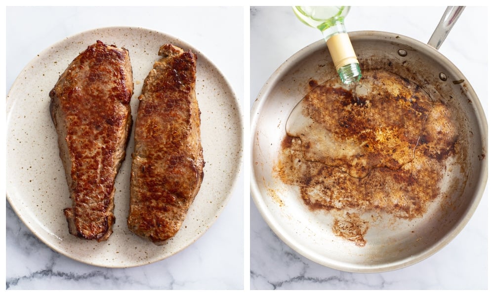 A plate of cooked steaks next to a skillet being deglazed with white wine.