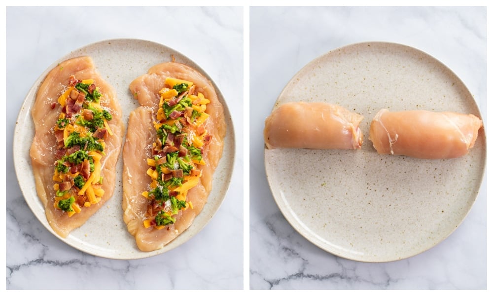 Chicken Roulade on a plate before and after being rolled with stuffing.