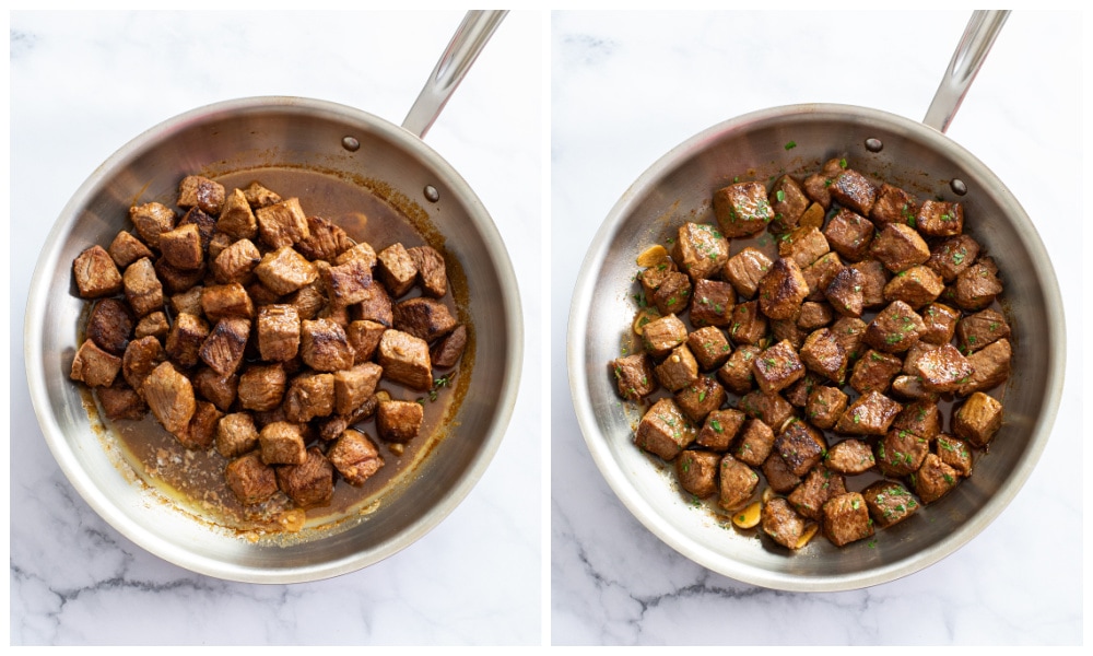 Adding seared steak to a skillet of garlic butter sauce.