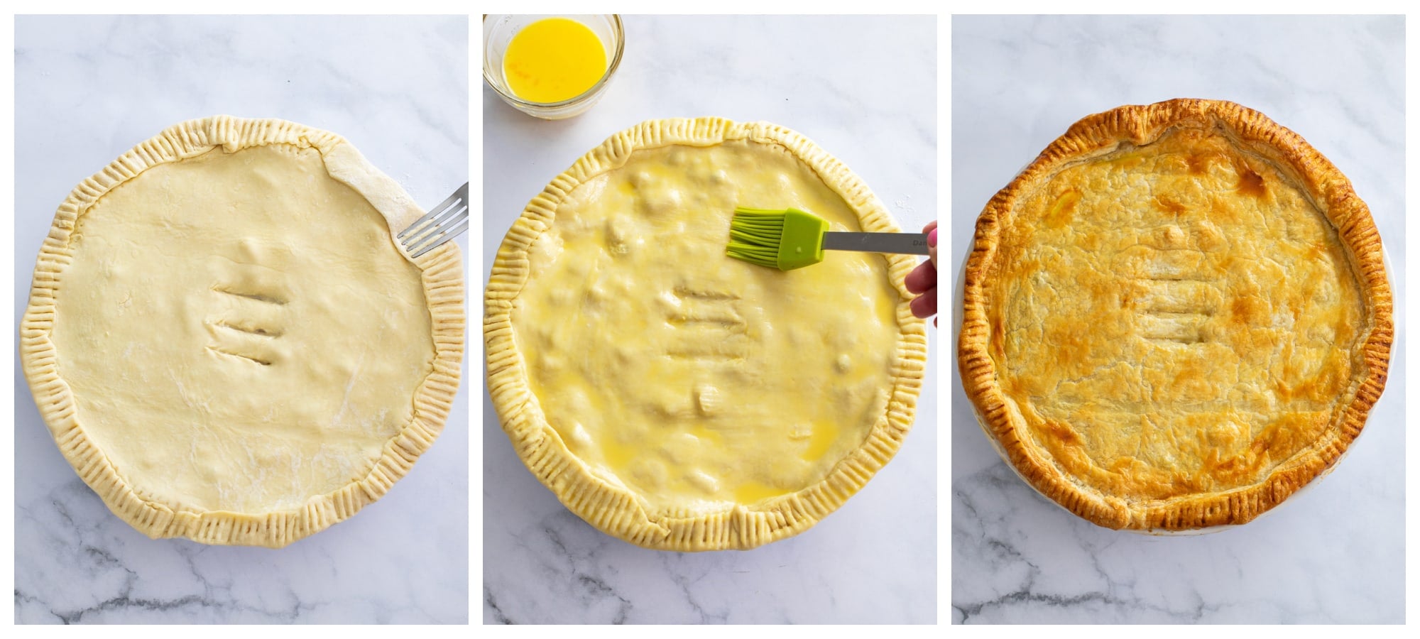 Pie Crust before and after being crimped, brushed with egg wash, and baked.