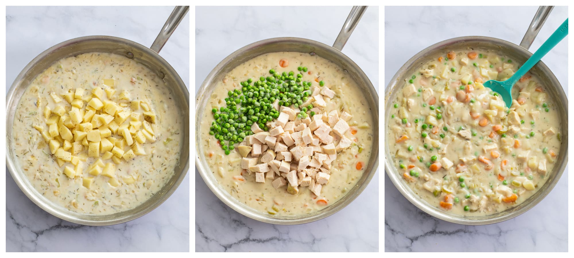 3 skillets next to each other with chicken pot pie filling being made.