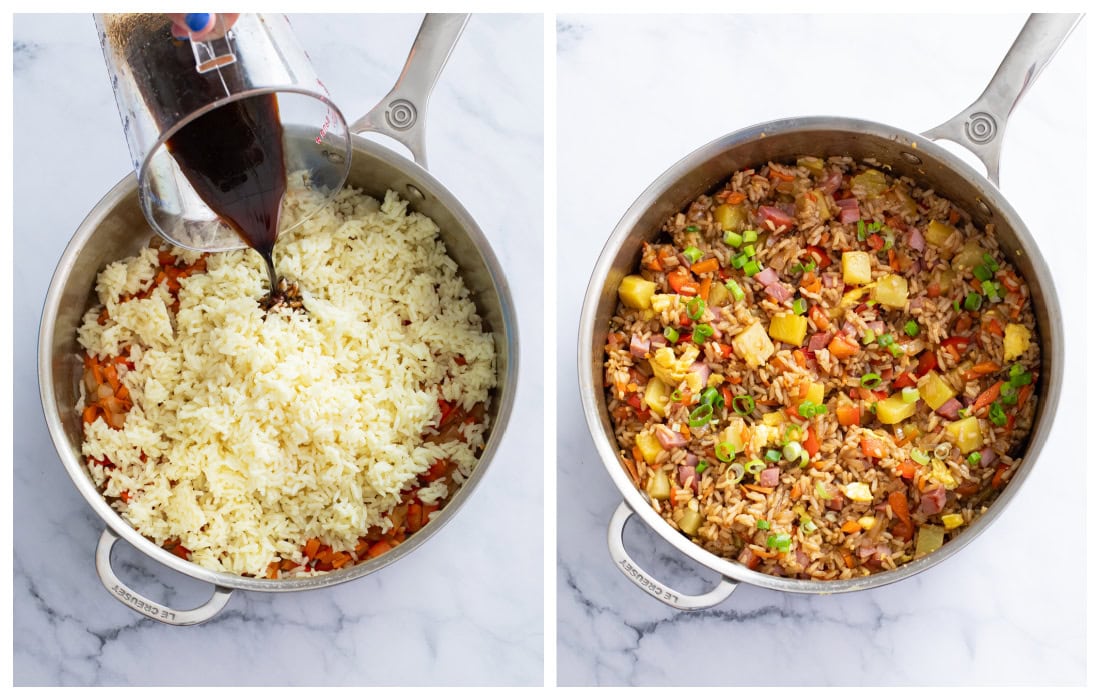 Adding sauce to rice in a skillet to make Pineapple Fried Rice.