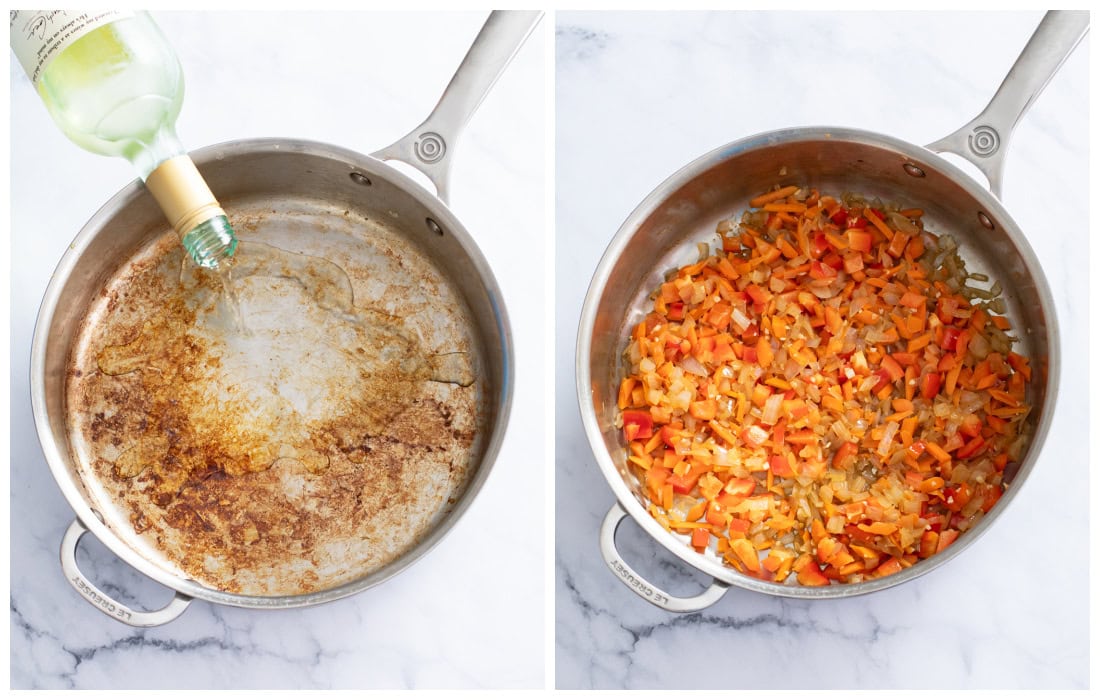 A skillet being deglazed with white wine next to a skillet of onions, carrots, bell peppers, and garlic.