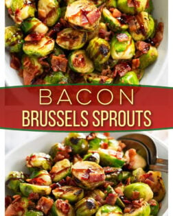 A collage of Bacon Brussels Sprouts in a white bowl with bacon and balsamic glaze on top.
