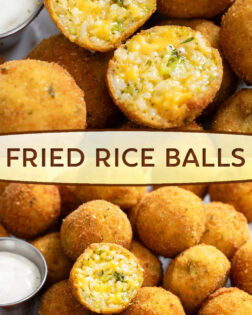 A collage of Fried Rice Balls with a Cheesy Broccoli Rice filling.
