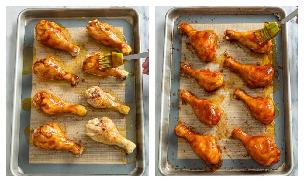Two baking sheets of BBQ Chicken during stages of being baked and brushed with sauce.