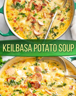 A collage of Kielbasa Potato Soup in a pot with a label in the middle.