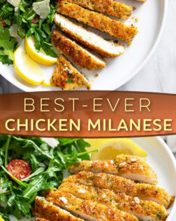 A collage of Chicken Milanese on a white plate with an arugula salad and lemon wedges.