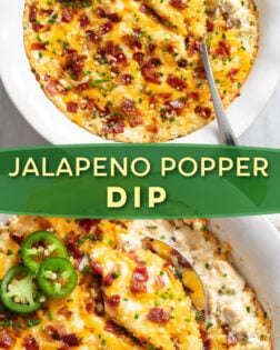 A collage of Jalapeno Popper Dip in a white baking dish with bacon and cheese on top.