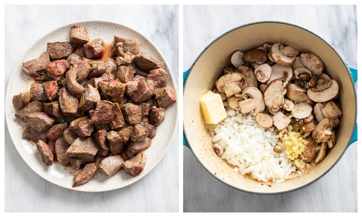 A plate of seared meat next to a soup pot with uncooked mushrooms, onions, garlic, and butter.