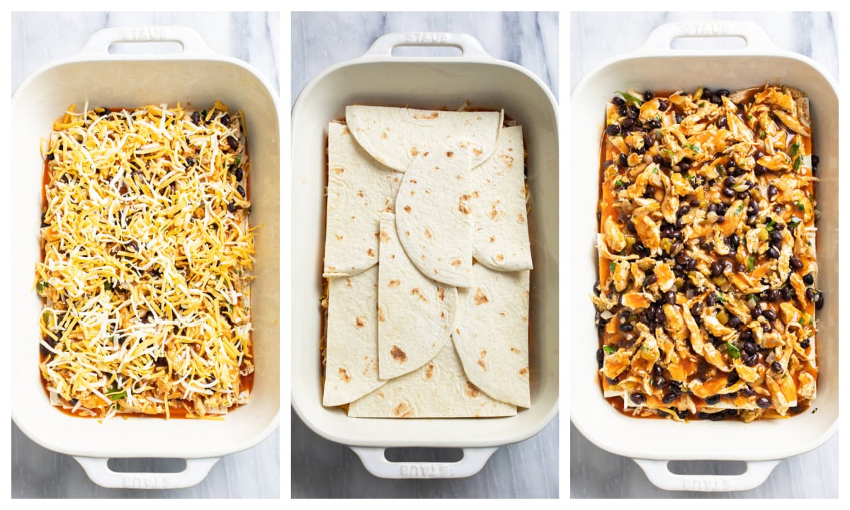 3 casserole dishes of chicken enchilada casserole showing each layer of cheese, flour tortillas, and shredded chicken and black beans.