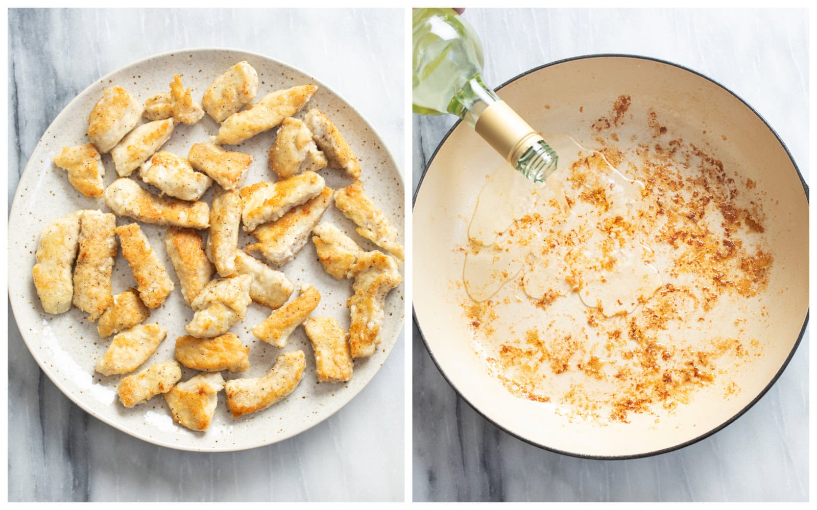 A plate of golden bites of cooked chicken next to a skillet being deglazed with white wine.
