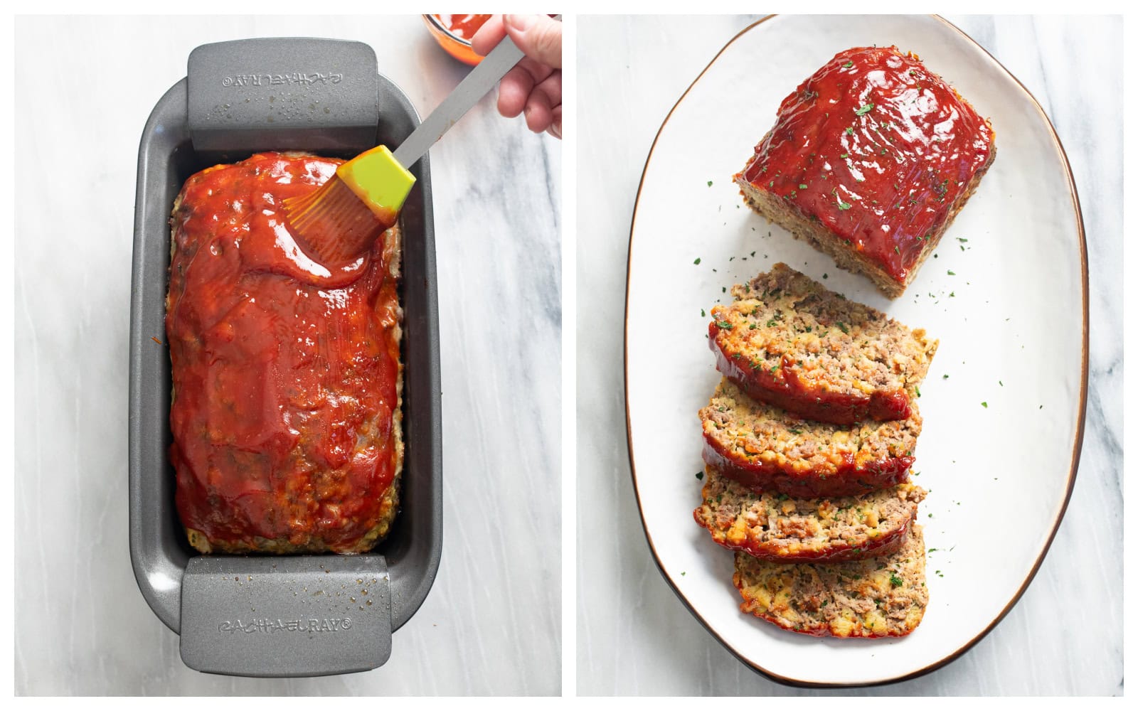 Brushing more glaze on top of meatloaf next to a white platter with cooked and sliced Stuffing Meatloaf.